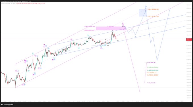 A TradingView chart of Bitcoin (BTC/USD) showing an Elliott Wave analysis with multiple labels (W, X, Y, etc.) and a projected upward path with targets at 1.272 ($95,887.34), 1.618 ($98,898.51), and 1 ($66,868.51), alongside a highlighted "Invalidation" zone at $63,542.40, reflecting the trader's view of a messy vertical market awaiting a structural shift.