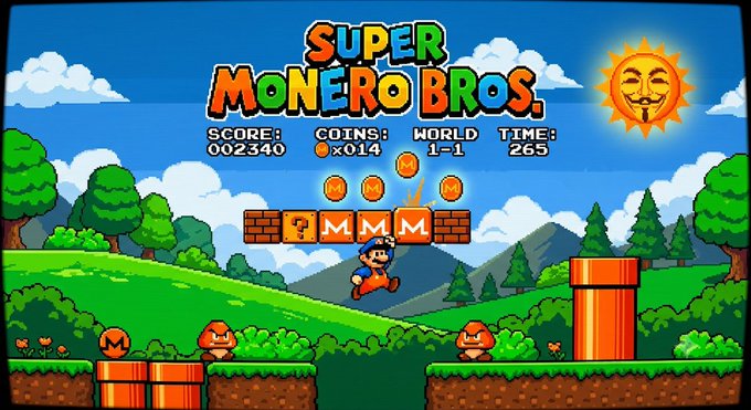 The image shows a pixel-art parody of the classic Super Mario Bros. titled "Super Monero Bros," featuring Mario jumping in a grassy level with Goomba-like enemies, brick blocks marked with "MMM" (the Monero ticker), and a scoreboard displaying 002340 coins (x014), World 1-1, and Time 265—substituting Monero's "M" branding in place of traditional Mario iconography.