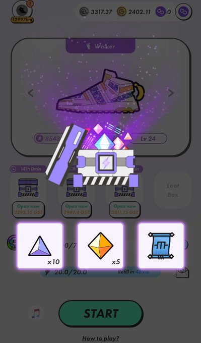 The image shows a phone screen with an app icon, which appears to be a shopping app. The main focus of the image is a purple shoe that has been opened up, revealing its contents inside. There are three different options displayed on the screen for the user to choose from - a pair of shoes, a box, and a poster. The post also includes text about how to play the game, which suggests that it might be an interactive shopping experience or a virtual store where users can browse and purchase items using their phones.