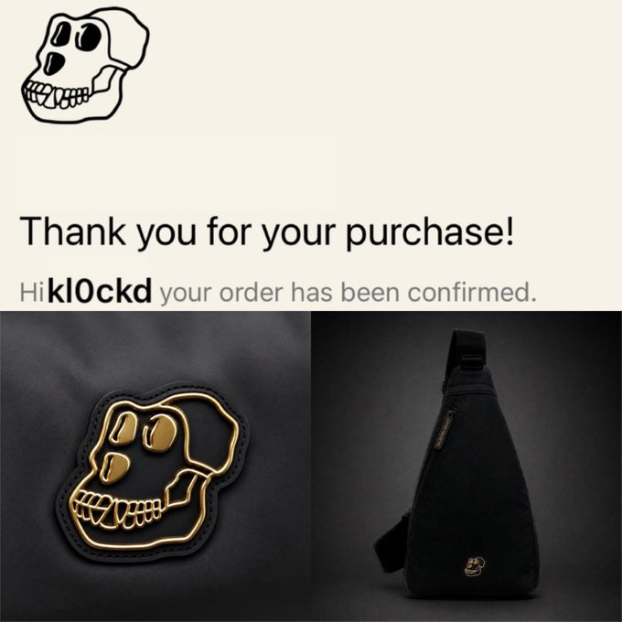 An order confirmation page with a skull logo addressing user "klOckd," thanking them for their purchase, alongside product photos of a black fabric Collectible Sling Bag with a gold skull emblem and a matching black patch.