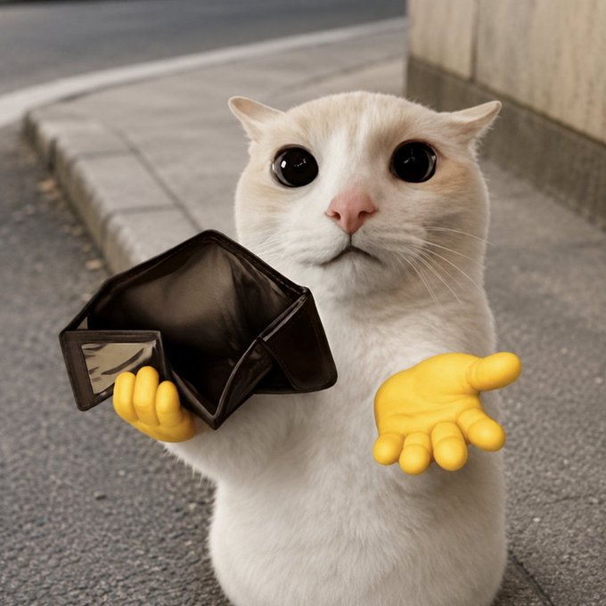A white cat with cartoonishly large yellow hands stands on a sidewalk holding open an empty black wallet, perfectly embodying the meme's theme of perpetual broke-ness. The image visually captures the "$BROKE" sentiment, illustrating the empty wallet that "has never once produced money" as referenced in the post.
