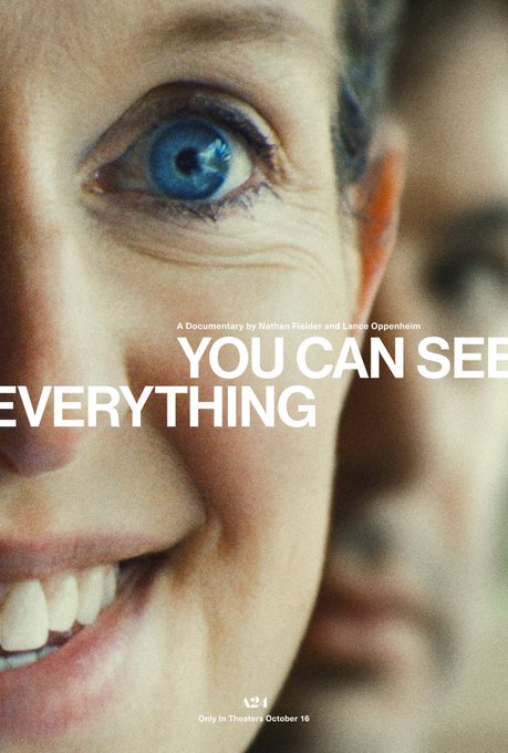 A close-up movie poster for the documentary "You Can See Everything" by Nathan Fielder and Lance Oppenheim, showing a man's piercing blue eye that appears to be looking directly at the viewer. The image relates to the post by serving as a visual metaphor for surveillance and lack of privacy—the watchful, omniscient gaze directly illustrates the misconception of "onchain privacy" by suggesting that in reality, everything is visible or being watched.