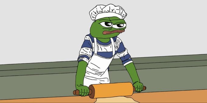 An animated Pepe the Frog character wearing a chef's hat and white apron uses a rolling pin to roll out pastry dough on a wooden surface.