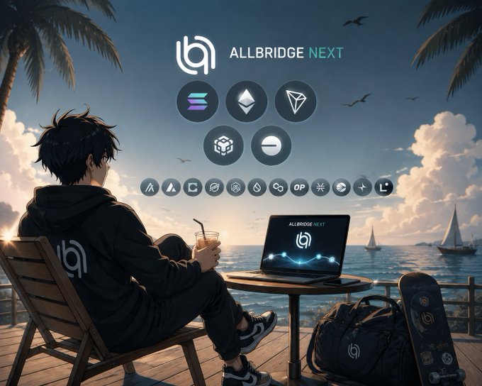 An anime-style promotional image for 'ALLBRIDGE NEXT' showing a person sitting at a seaside café table with a laptop displaying the logo, surrounded by crypto coin icons, with sailboats and birds in the ocean background.