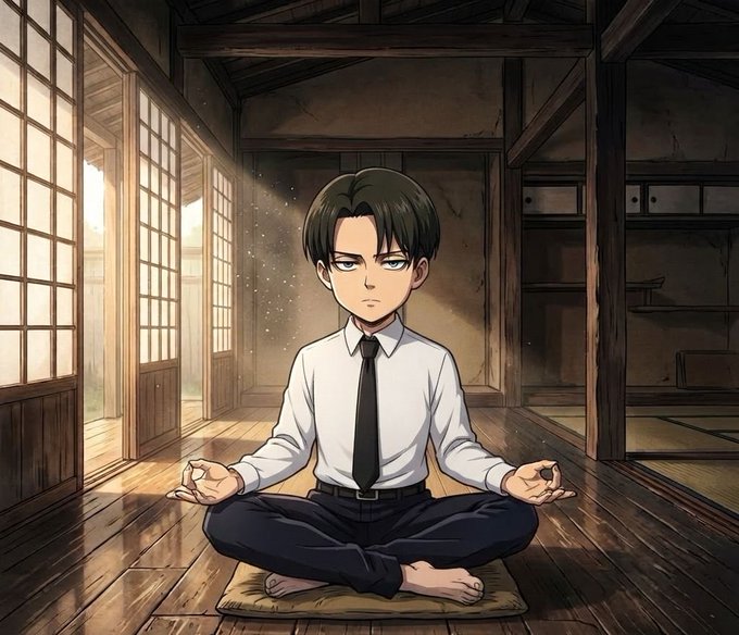 Anime-style illustration of a dark-haired young man in a white shirt and black tie meditating in lotus pose on a cushion inside a traditional Japanese tatami room with sunlight streaming through shoji screens.