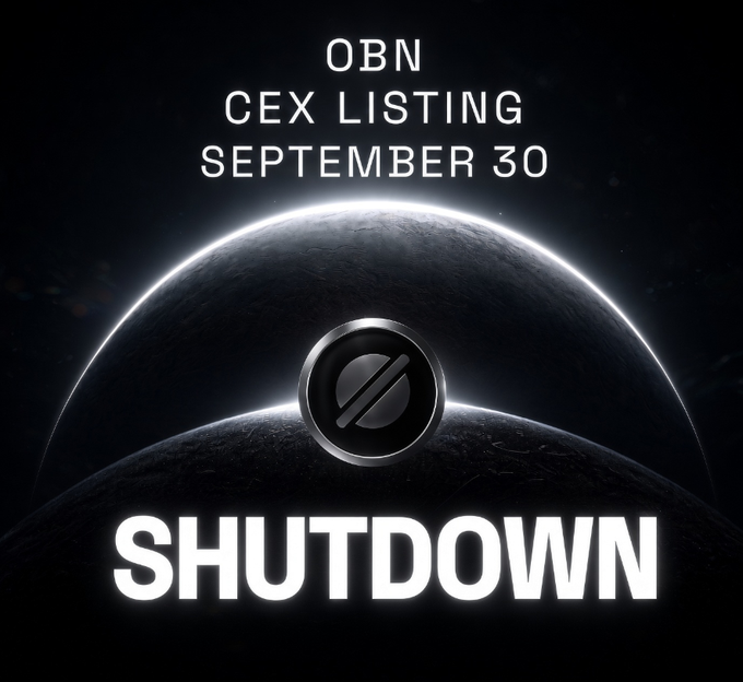 A promotional graphic announces "OBN CEX LISTING SEPTEMBER 30" with "SHUTDOWN" displayed in large white letters below a logo over a dark planet.
