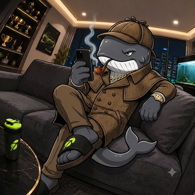 A cartoon whale mascot dressed in a Sherlock Holmes-style detective outfit with a deerstalker hat, smoking a pipe and looking at a phone while lounging on a couch in a luxurious room.