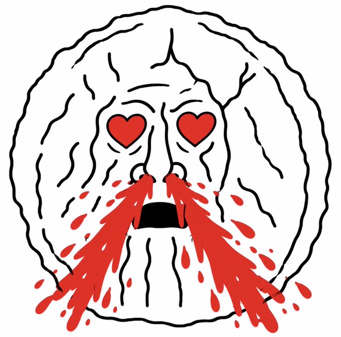 A stylized line drawing of a face with heart-shaped eyes and streams of red blood pouring from its nose and mouth.
