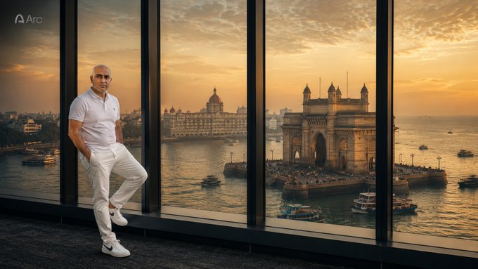 A man in an all-white outfit leans against a large window overlooking Mumbai's iconic Taj Mahal Palace Hotel and the Gateway of India at sunset, with 'Arc' branding in the corner.