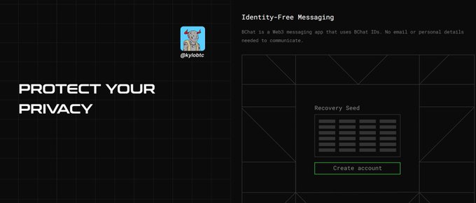 A dark-themed promotional webpage for 'BChat' (@xylobtc), advertising 'Identity-Free Messaging' as a 'Web3 messaging app that uses BChat IDs' with 'No email or personal details needed to communicate', featuring a 'Create account' button and a recovery seed display.