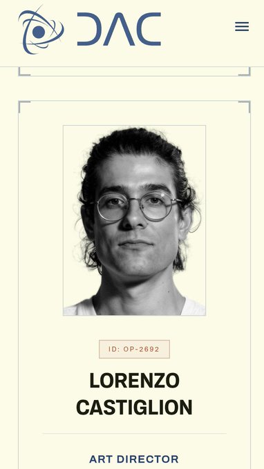 A staff profile card from DAC featuring a black-and-white portrait of a man with glasses and long hair, labeled 'ID: OP-2692 LORENZO CASTIGLION' as 'ART DIRECTOR'.