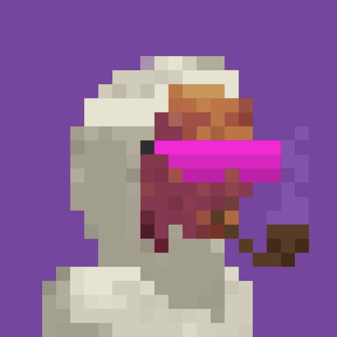 A highly pixelated digital artwork on a purple background depicts a figure with white clothing, an orange headpiece, and a bright pink element across the face.