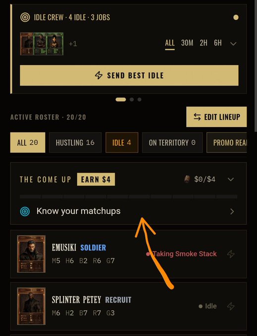 A mobile game interface shows an "IDLE CREW · 4 IDLE · 3 JOBS" panel with a "SEND BEST IDLE" button, alongside an "ACTIVE ROSTER · 20/20" listing cards including Emusiki (Soldier, Taking Smoke Stack) and Splinter Petey (Recruit, Idle), with an orange arrow pointing to "Know your matchups." The image illustrates the "complete the task, don't send idle, level up" strategy mentioned in the post for claiming the $4 reward.