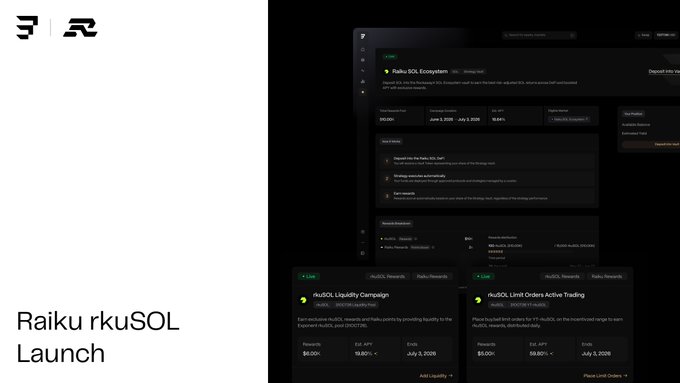 The image features a white background with black text that reads "Roku rkuSOL launch" at the top, followed by a list of details about the upcoming launch event for the rkuSOL platform. The text also includes mentions of "Solana", "Exponent", and "@RockawayX Raiku SOL Ecosystem Vault". This suggests that the image is related to an online promotion or advertisement for the rkuSOL platform, likely aiming to attract users' attention and generate interest in the new launch event.