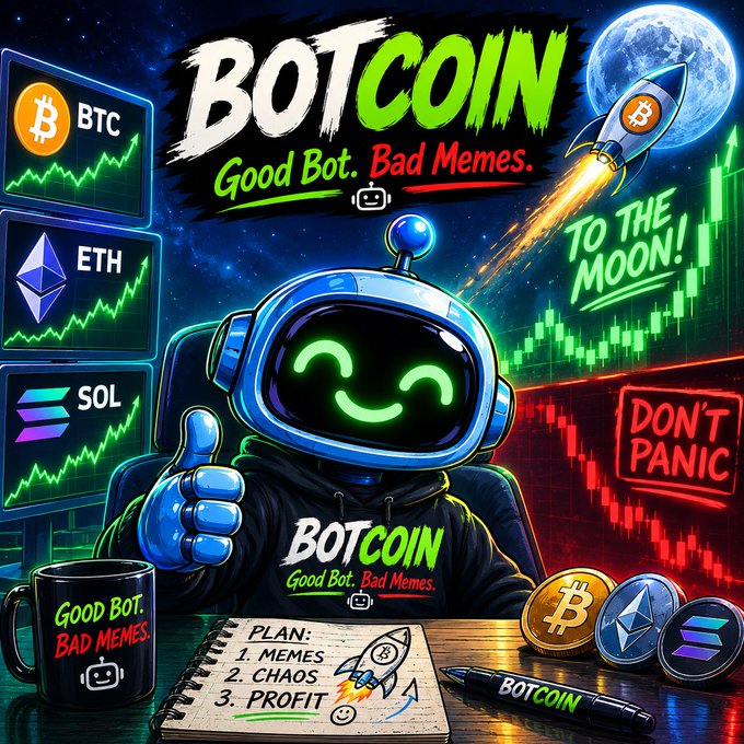 A vibrant promotional graphic for 'BOTCOIN' with the tagline 'Good Bot. Bad Memes.' featuring a smiling robot character giving a thumbs-up, surrounded by crypto price charts for BTC, ETH, and SOL, a rocket launching 'To The Moon,' and a notebook listing 'Plan: 1. Memes, 2. Chaos, 3. Profit.'