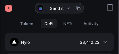 A mobile app interface showing the DeFi section with Hylo token valued at $8,412.22.