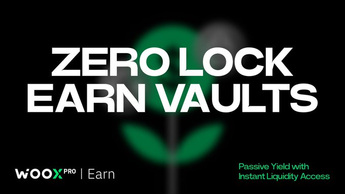 Promotional graphic for WooX Pro's 'Zero Lock Earn Vaults' featuring a green plant/coin hybrid logo, highlighting 'Passive Yield with Instant Liquidity Access.'