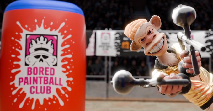 A 3D-rendered image of a monkey character holding paintball equipment, with a red and blue barrel labeled 'BORED PAINTBALL CLUB' featuring a crowned skull logo in the foreground.