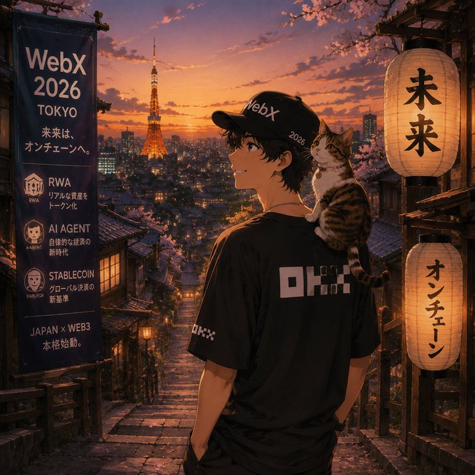 A young man in a WebX 2026 cap and shirt gazes over a Tokyo skyline at sunset with a tabby cat on his shoulder, framed by Japanese lanterns marked "未来" (future) and "オンチェーン" (on-chain) beside a banner promoting WebX 2026 Tokyo's focus on RWA, AI Agents, and Stablecoin. The image captures the post's theme of Japan's unique Web3 evolution—blending traditional culture with serious institutional finance rather than chasing speculative memes.