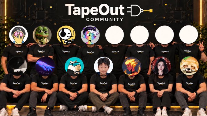 A group photo of the TapeOut Community members wearing black 'TapeOut' t-shirts, with the TapeOut Community logo displayed at the top, and several faces covered with various circular profile pictures.