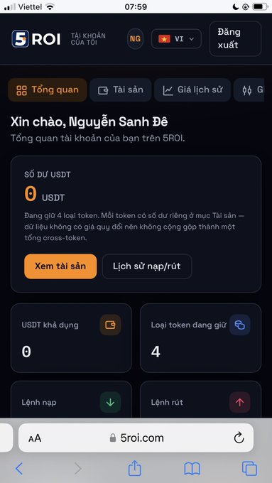 A mobile screenshot of a Vietnamese crypto portfolio app called 5ROI, showing a greeting 'Xin chào, Nguyễn Sanh Đề' and a zero USDT balance with 4 tokens held.