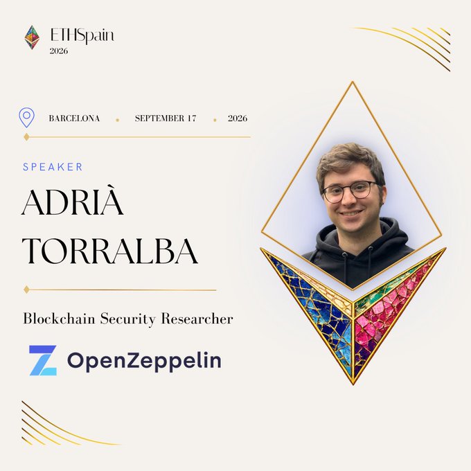 A promotional graphic for "EHS Spain 2026" in Barcelona introduces speaker "ADRIÀ TORRALBA," a Blockchain Security Researcher for OpenZeppelin.