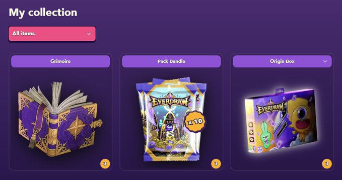 A 'My collection' screen from a digital card game called Everdraw, displaying items including a Grimoire book, Pack Bundle (x10), and Origin Box on a purple background.