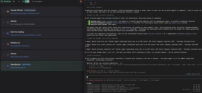 A screenshot of the Claude Code interface (CC Switch) showing a development session with various repository links on the left sidebar—including Cloud Official, default, Kimi For Coding, MiniMax en, Venice, and OpenRouter—and a terminal output on the right displaying commands related to zero-knowledge proofs (Circom), build processes with error handling, and GitHub Actions for Circom circuits on the 0x Alpha platform, illustrating the post's claim of using Claude Code for handling development delays and API errors.