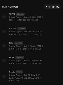 The image displays a "MINT SCHEDULE" for a crypto project with five rounds: TEAM (August 18, 0.100 ETH), Stakers (August 18, 0.0678 ETH), GTD (August 19, 0.015 ETH), FCFS (August 19, 0.024 ETH), and a Public round (August 19-19, 0.031 ETH), showing eligibility status and wallet limits for each. The FCFS (First Come First Served) tier shown aligns with the post's discussion about securing a FCFS spot and the need for allocation assistance via the HaloCreators platform.