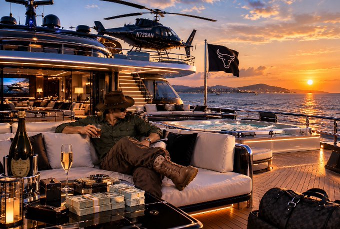 An AI-generated image of a man in a cowboy hat lounging on a luxury yacht at sunset, with a helicopter on deck, stacks of cash, champagne, and a Louis Vuitton bag.