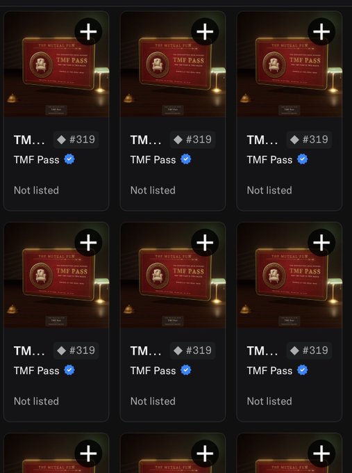 A grid of NFT listings for 'TMF Pass' #319 marked as 'Not listed', each showing a red membership card with the text 'THE MUTUAL FUN' and a verified blue checkmark.