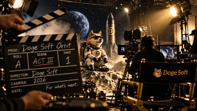 A film set scene featuring a Doge (Shiba Inu) astronaut on a moon-like surface with a rocket, accompanied by a clapperboard reading 'Doge Soft Orbit', 'ACT III', 'TAKE 1', 'DIRECTOR: Doge Soft', 'CAMERA: 2026', and 'For what's next', plus a director's chair labeled 'Doge Soft'.