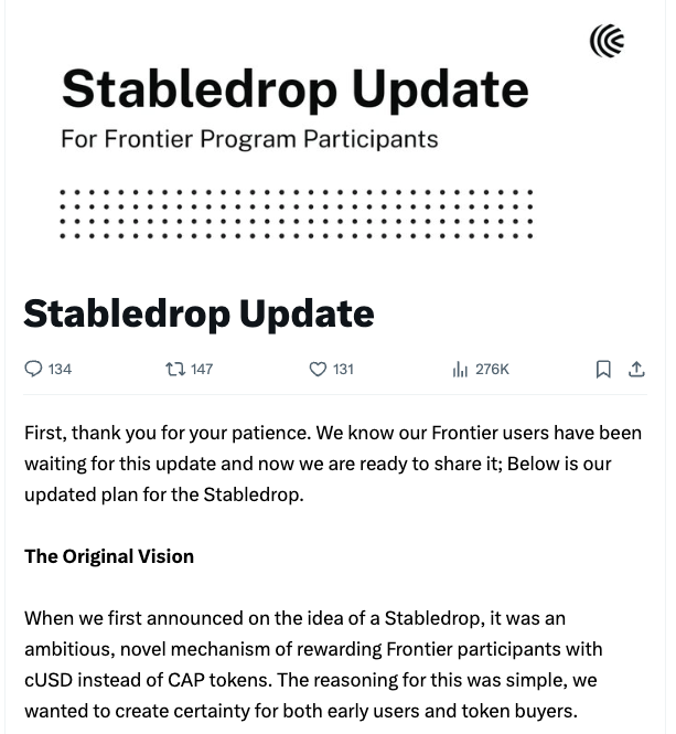 A screenshot of a social media post titled 'Stabledrop Update For Frontier Program Participants' from Celo, with 134 comments, 147 reposts, 131 likes, and 276K views, detailing an updated plan for rewarding Frontier participants.