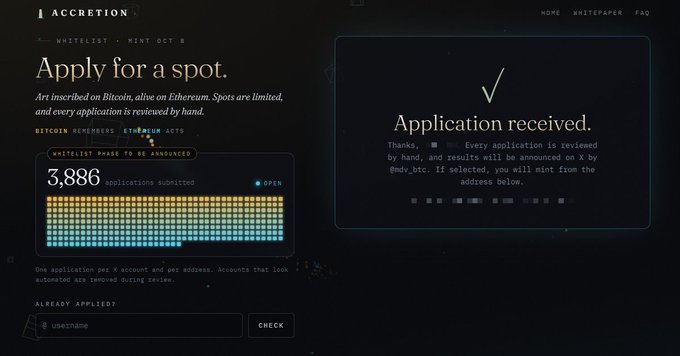 A webpage for 'ACCRETION' shows a whitelist application portal stating 'Art inscribed on Bitcoin, alive on Ethereum' with '3,886 applications submitted', alongside a confirmation panel reading 'Application received.'