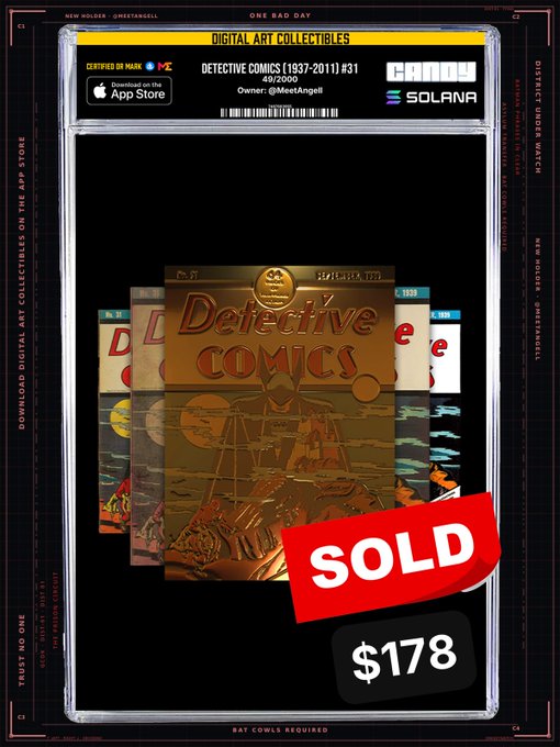 A digital collectible listing on the Collector Crypt app showing Detective Comics #31 (1937-2011) #31, marked as SOLD for $178, with Comic and Solana certification badges.