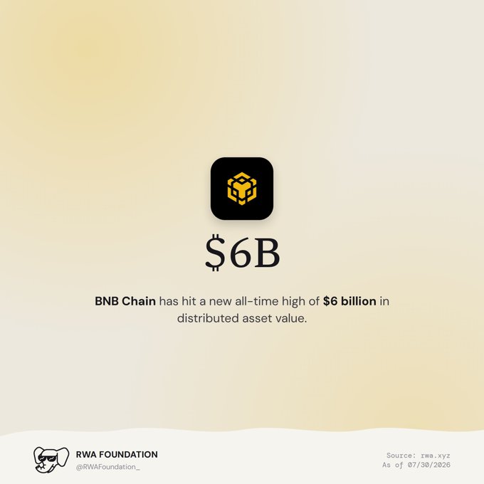 Infographic by RWA Foundation announcing that 'BNB Chain has hit a new all-time high of $6B in distributed asset value,' featuring a golden BNB logo and dated As of 07/30/2026.