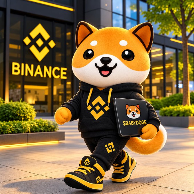 A 3D cartoon-style Shiba Inu dog character wearing black and yellow streetwear stands in front of a building labeled "BINANCE," holding a device displaying "$BABYDOGE."