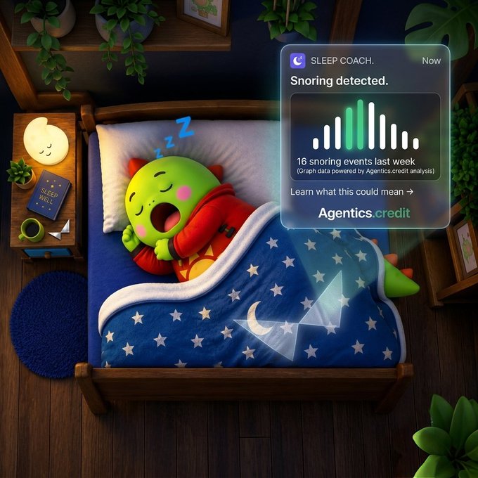 A 3D animated illustration of a green character sleeping in bed with a smartphone notification from 'SLEEP COACH' indicating 'Snoring detected' and '16 snoring events last week', powered by Agentics.credit.