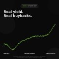 A dark-themed financial chart from 'Real World' with the tagline 'Real Buybacks' shows an upward-trending line graph in green and yellow.