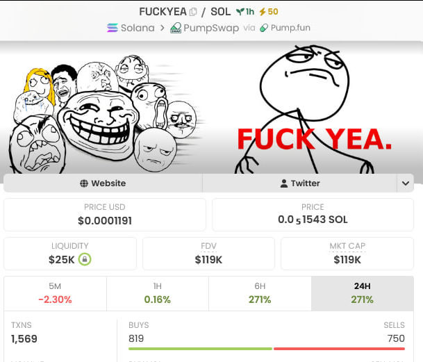 A screenshot of the $FUCKYEA/SOL memecoin on PumpSwap showing a price of $0.0001191, market cap of $119K, and 271% gains over 24 hours, featuring the iconic "Fuck Yea" meme face alongside a collection of other popular rage comic faces—visually reinforcing the post's point that this meme has deep internet roots predating crypto.