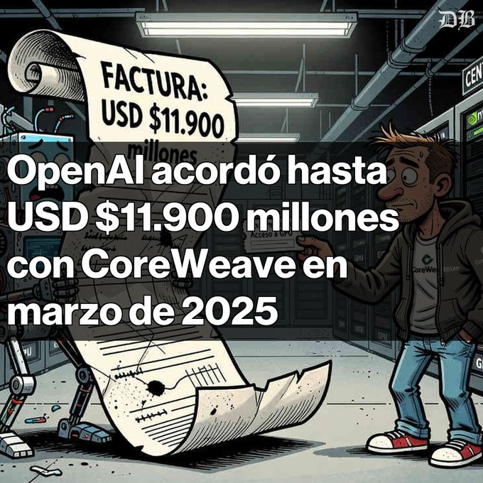 An illustration showing a character looking at a giant invoice with the text overlay: 'OpenAI acordó hasta USD $11.900 millones con CoreWeave en marzo de 2025'.
