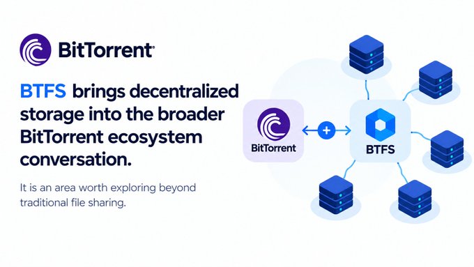 A presentation slide for 'BitTorrent' explains that 'BTFS brings decentralized storage into the broader BitTorrent ecosystem conversation', accompanied by a network diagram showing BTFS connecting to multiple servers.