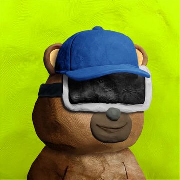 A brown teddy bear wearing a blue baseball cap and large white goggles smiles against a bright yellow-green background, playfully embodying the "migo" character referenced in the collector's excited post about their new NFT profile pic.