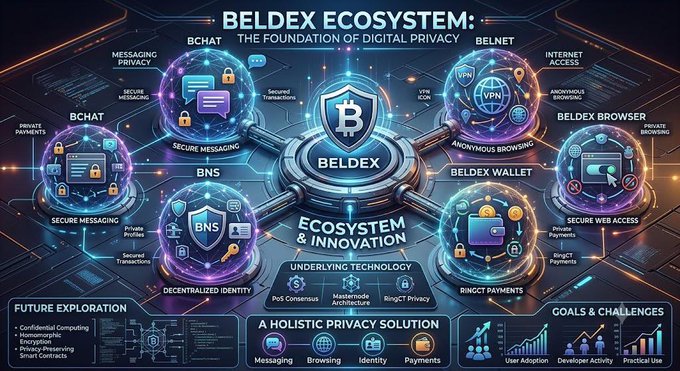 A futuristic infographic illustrating the "BELDEX ECOSYSTEM" as a privacy-focused hub, with a central shield marked "B" connecting satellites representing BChat, BelNet VPN, Beldex Browser, Beldex Wallet, and BNS for decentralized identity, emphasizing applications like anonymous browsing, secure messaging, private web access, and RingCT payments. The visual supports the post's claim by showing how Beldex integrates privacy across messaging, browsing, identity, and payments rather than just private transactions.