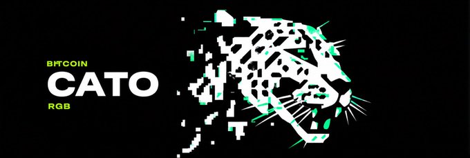 A black banner for "BITCOIN CATO RGB" featuring a pixelated, glitch-style illustration of a roaring panther or cat in white and green colors.
