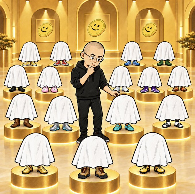 A young man in a black hoodie and glasses stands thoughtfully among rows of gold pedestals, each displaying shoes hidden under white cloths in a luxurious golden showroom adorned with smiley-face emblems. The image illustrates the difficulty of choosing between options, playfully referencing the challenge of selecting the right "STONKS BROKER" before the 2-hour launch deadline.