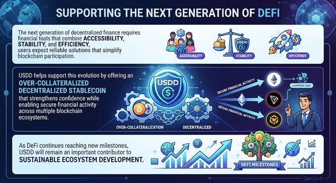 An infographic titled 'SUPPORTING THE NEXT GENERATION OF DEFI' highlighting USDD as an over-collateralized decentralized stablecoin promoting accessibility, stability, and efficiency.