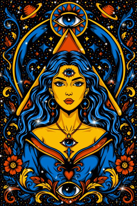 A vibrant, psychedelic illustration of a mystical woman with flowing blue hair and yellow skin, featuring multiple all-seeing eyes within a triangle, surrounded by cosmic patterns, flowers, and planets.