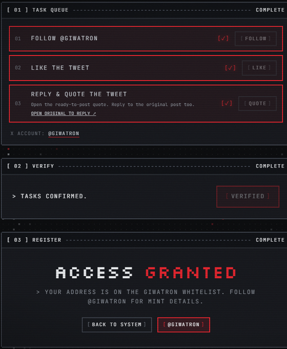 A dark-themed task interface with red accents showing a task queue to follow @GIWATRON, like a tweet, and reply with a quote, concluding with 'ACCESS GRANTED' and 'YOUR ADDRESS IS ON THE GIWATRON WHITELIST.'