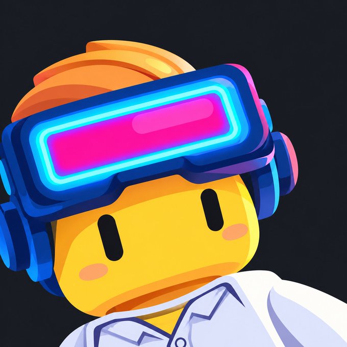A cartoon character with a yellow face, orange hair, wearing a blue and pink neon VR headset and a white shirt against a black background.